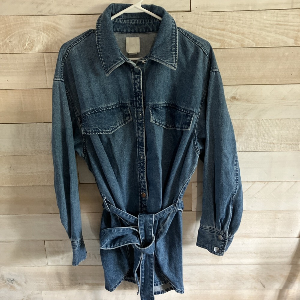 H&M Womens Denim Button-Up Belted Jacket Size Medium Blue